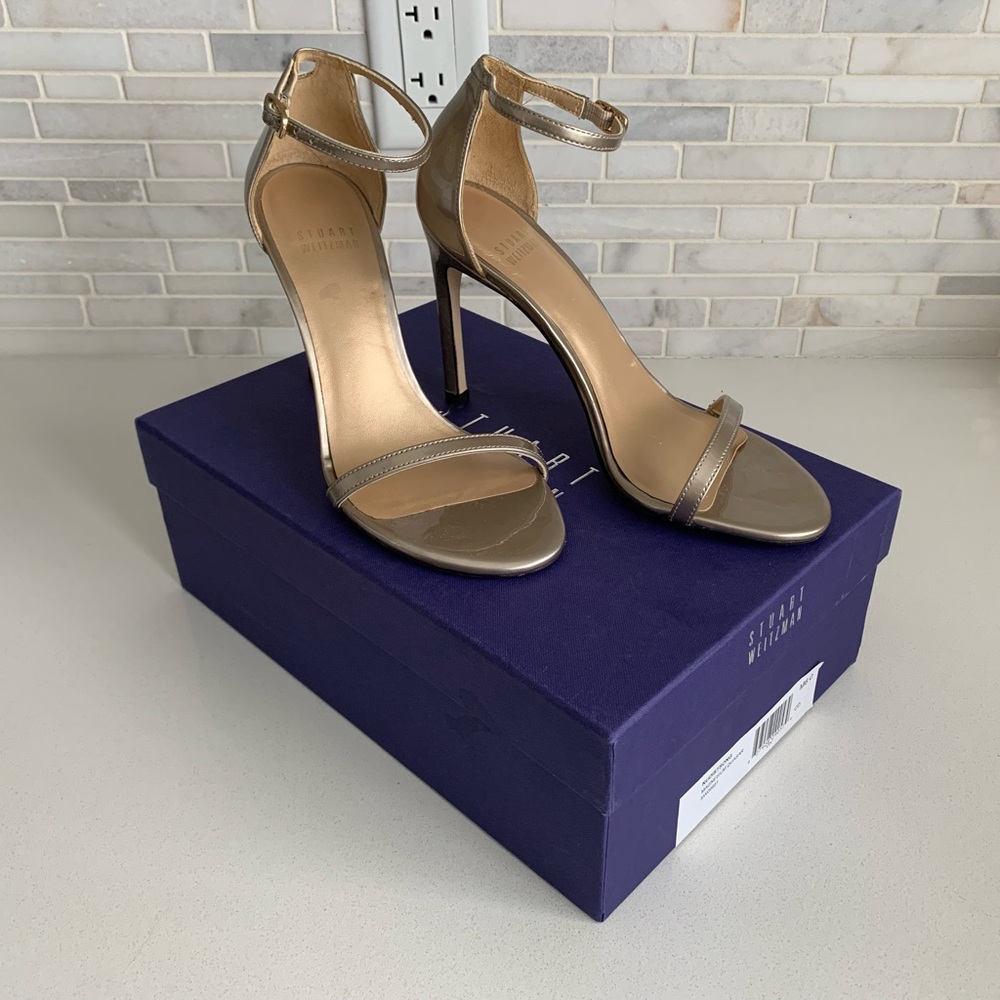 Stuart Weitzman Nudistsong Ankle Strap Heels Sandals Magnesium Quasar Silver